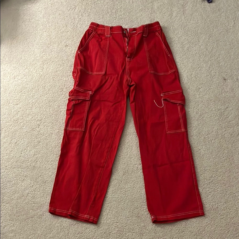 Vibrant Red Straight Leg Jeans with White Stitching